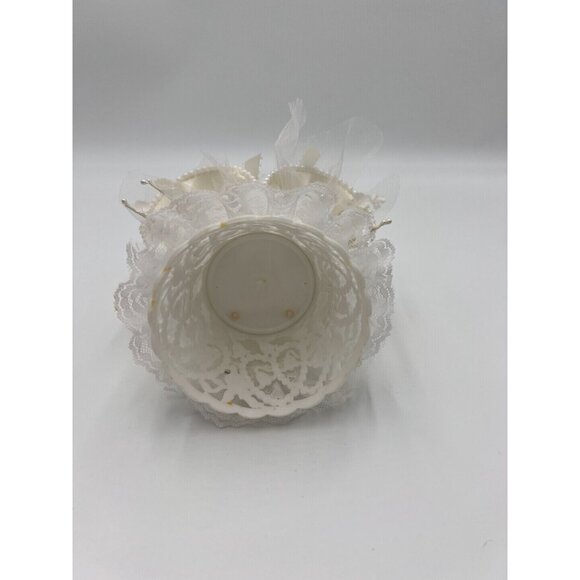 Vintage Ivory Lace Heart Shaped with Wedding Bells Tulle Flowers Cake Topper - Picture 9 of 13